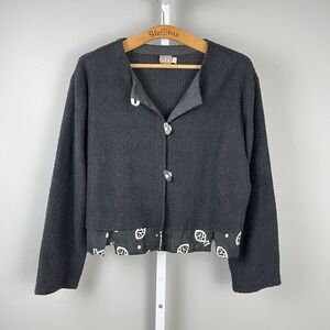 BETS by Canvasbacks Crop Knit Jacket Womens Large Black Fish Artsy Lagenlook VTG
